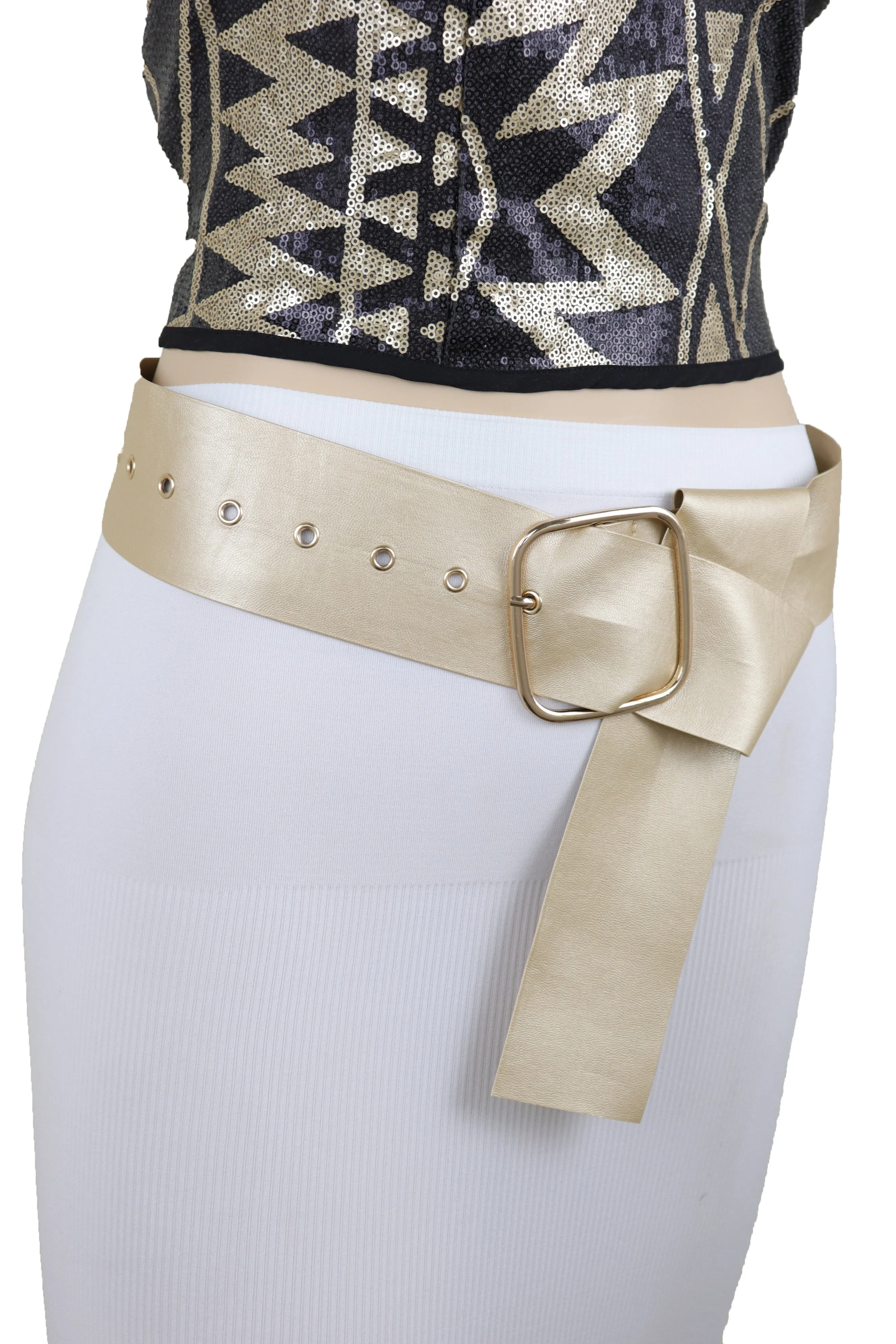 Gold Extra Long Fabric Wide Waistband Fashion Belt Adjustable Size XS S