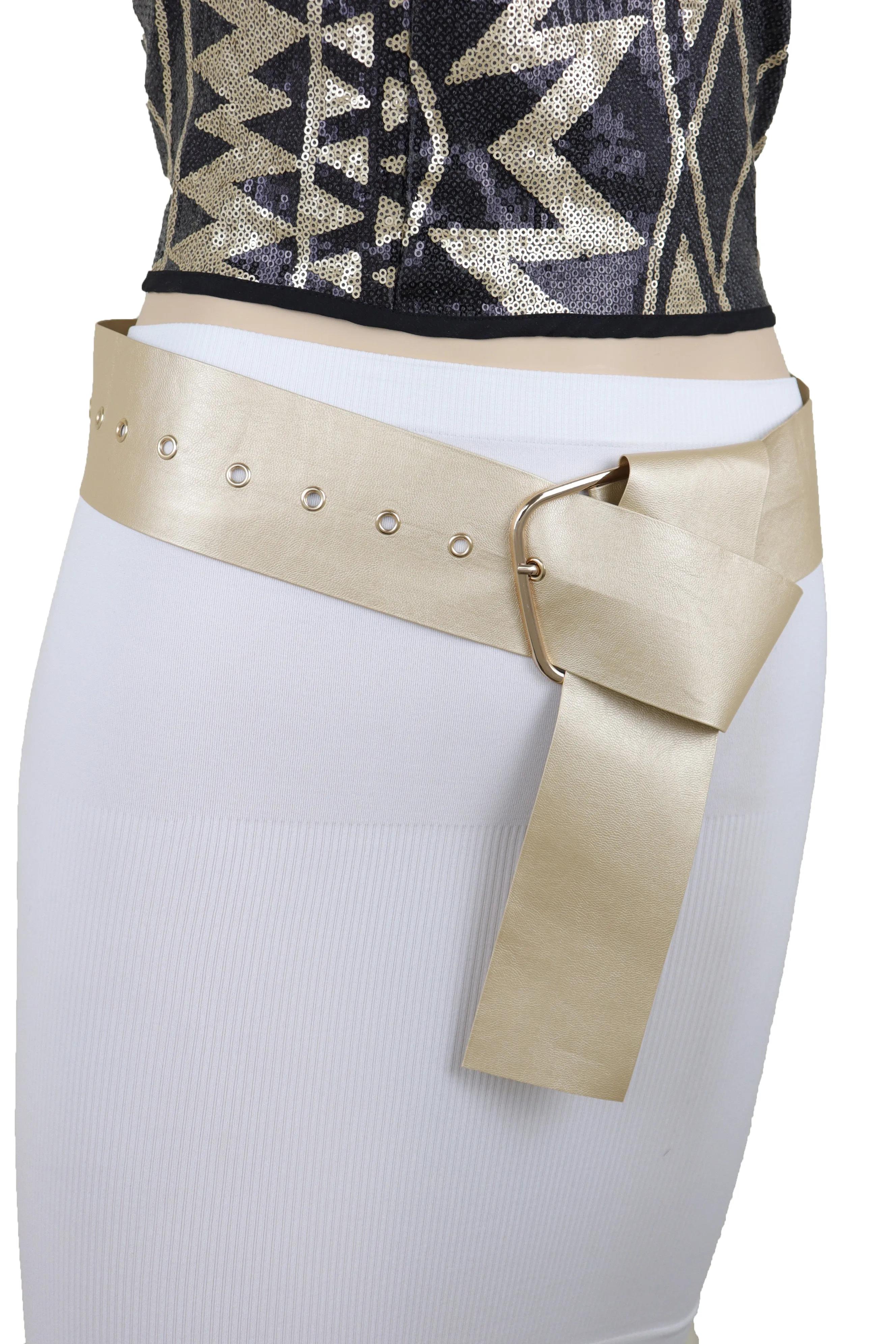 Gold Extra Long Fabric Wide Waistband Fashion Belt Adjustable Size XS S