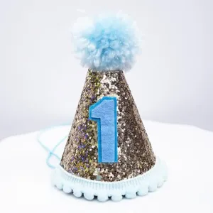 Gold Glitter Sparkles Blue 1st Birthday Boy Cone Party Hat Toddler Birthday Pom Pom