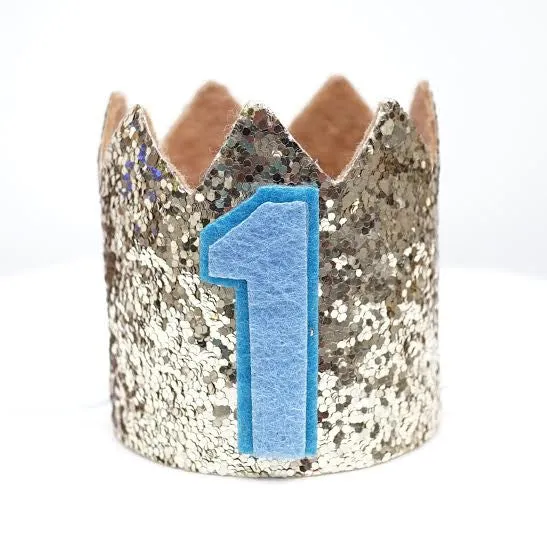 Gold Glitter Sparkles Blue 1st Birthday Boy Hat Party Crown Toddler 1 Birthday Decor Photo Prop