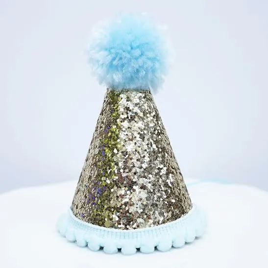 Gold Glitter Sparkles Blue 2nd Birthday Boy Cone Party Hat Toddler Birthday Pom Pom