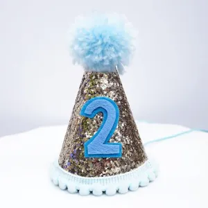Gold Glitter Sparkles Blue 2nd Birthday Boy Cone Party Hat Toddler Birthday Pom Pom