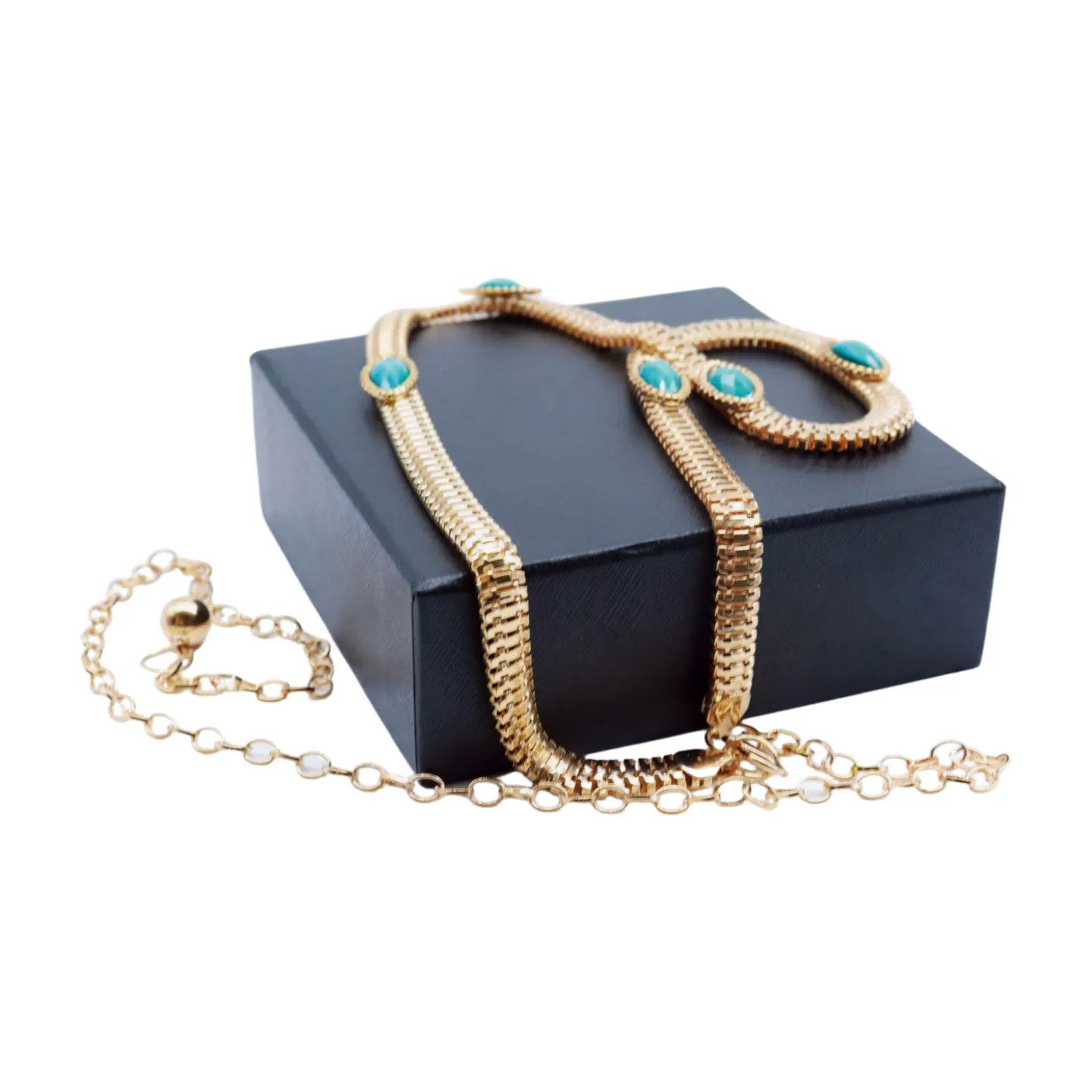 Gold Metal Chain Belt Turquoise Blue Beads S M L