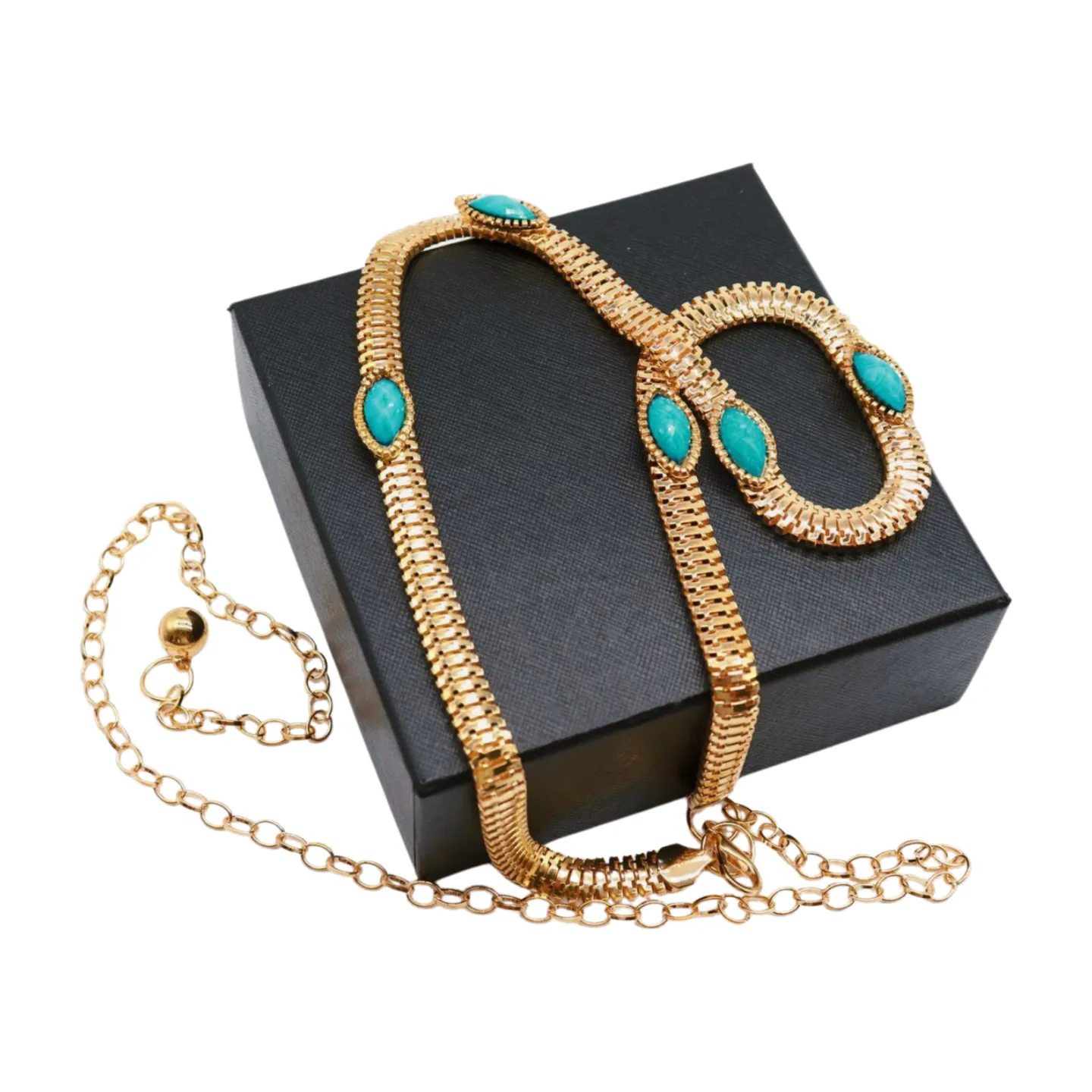 Gold Metal Chain Belt Turquoise Blue Beads S M L