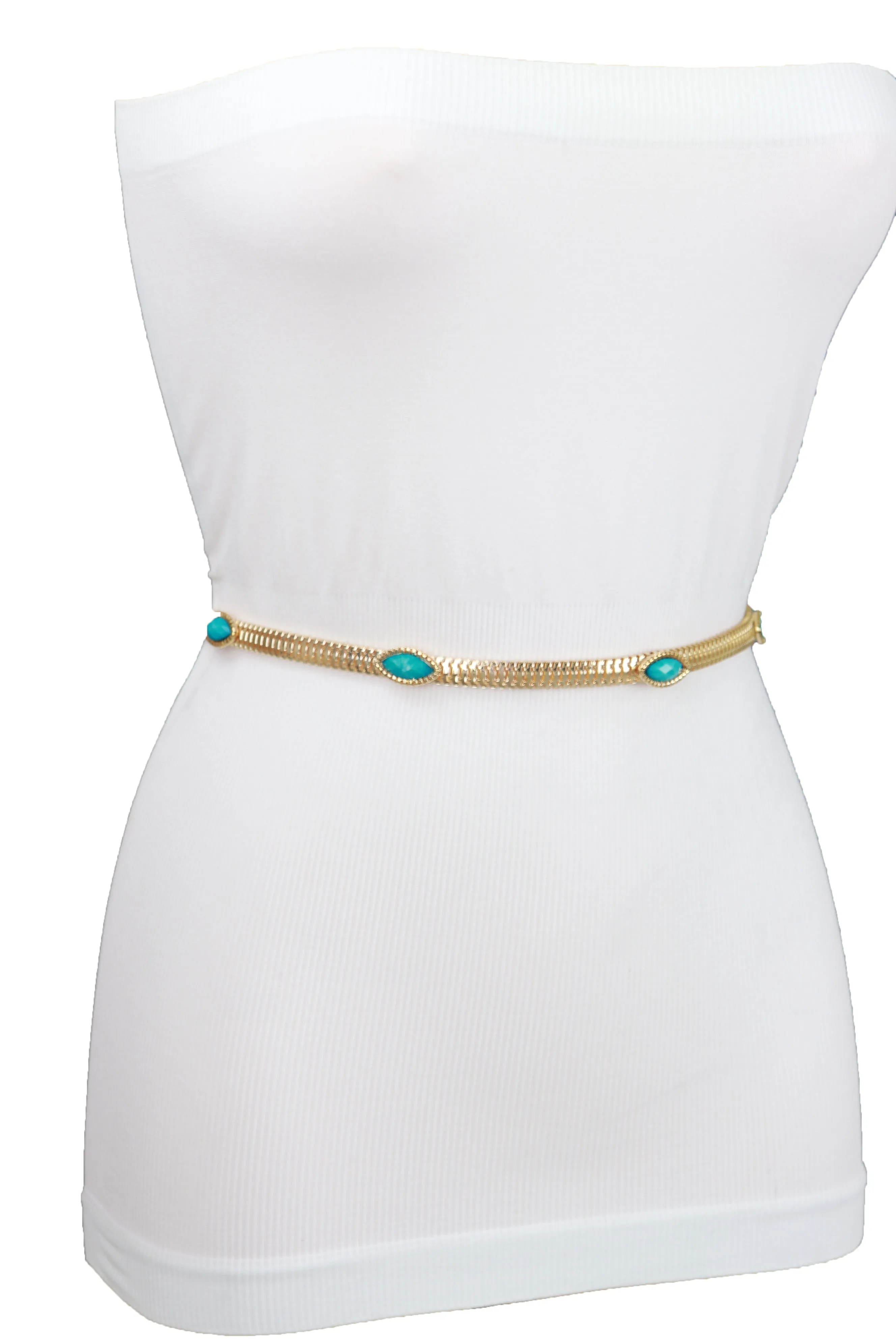 Gold Metal Chain Belt Turquoise Blue Beads S M L