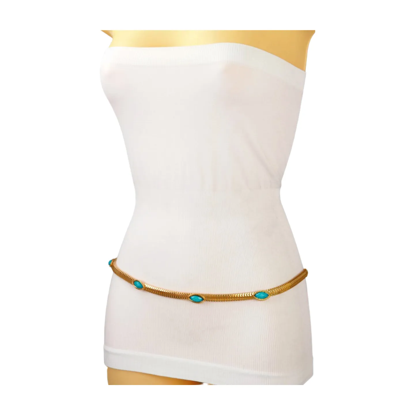 Gold Metal Chain Belt Turquoise Blue Beads S M L