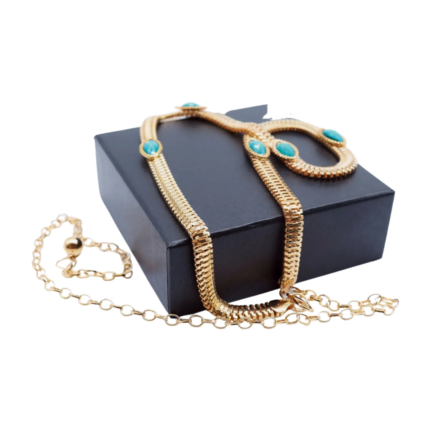 Gold Metal Chain Belt Turquoise Blue Beads S M L