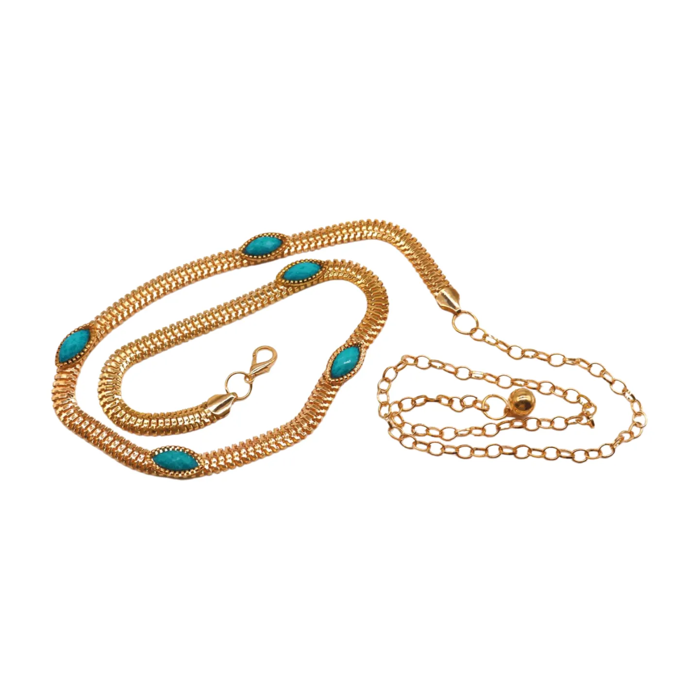 Gold Metal Chain Belt Turquoise Blue Beads S M L
