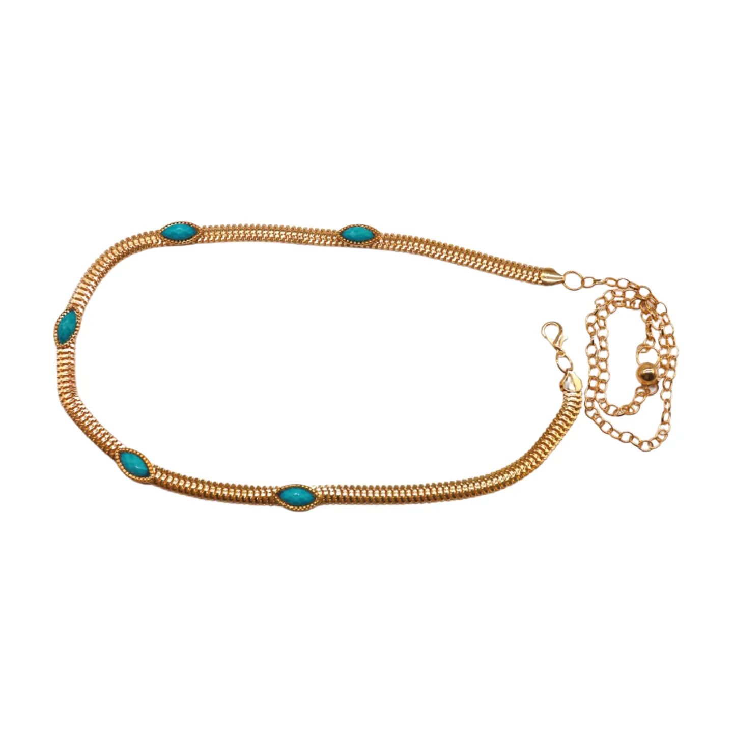 Gold Metal Chain Belt Turquoise Blue Beads S M L