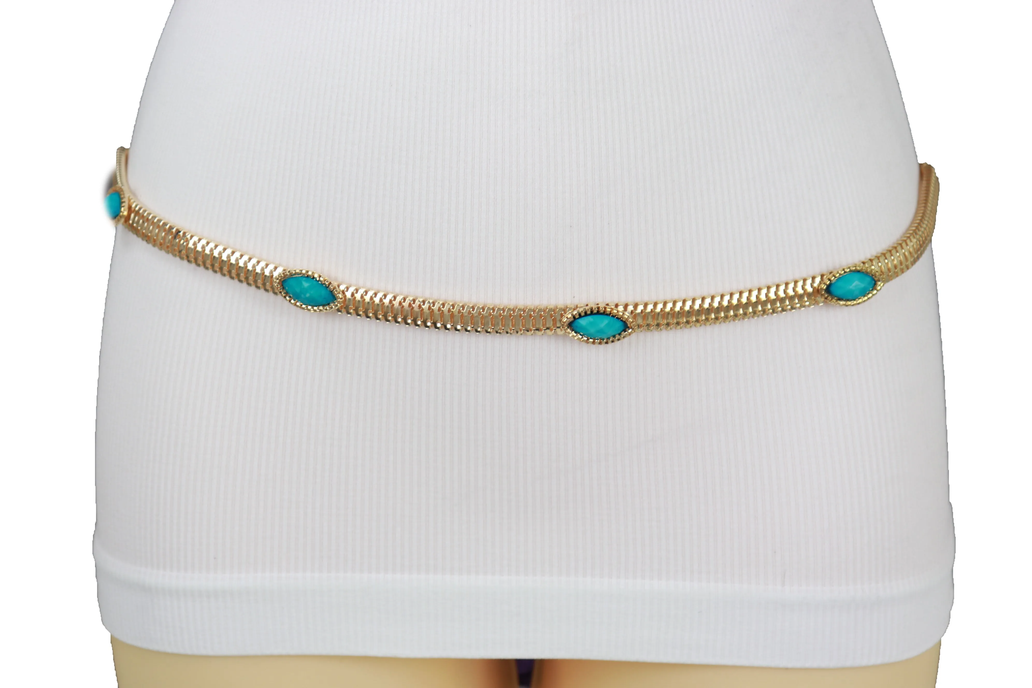 Gold Metal Chain Belt Turquoise Blue Beads S M L