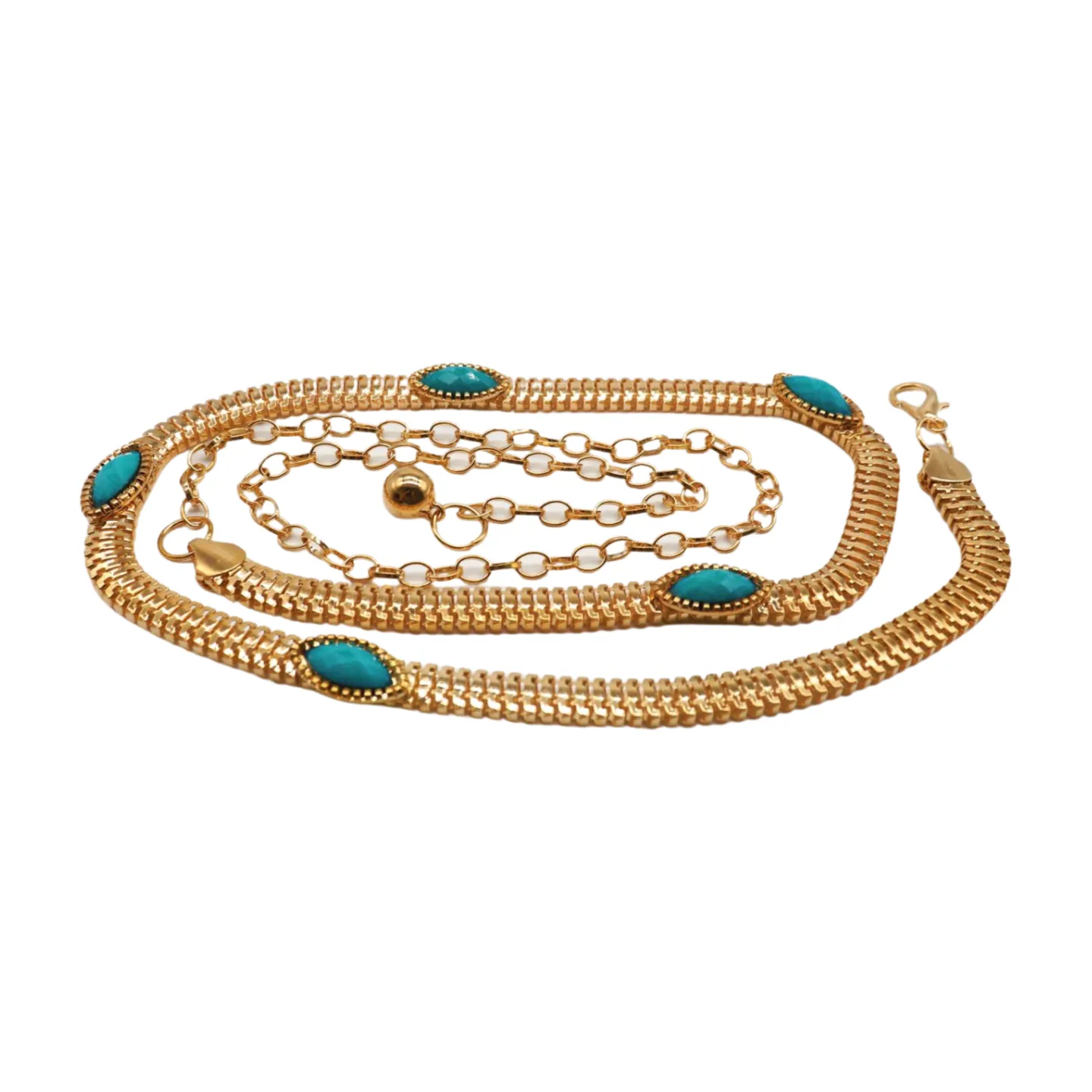 Gold Metal Chain Belt Turquoise Blue Beads S M L