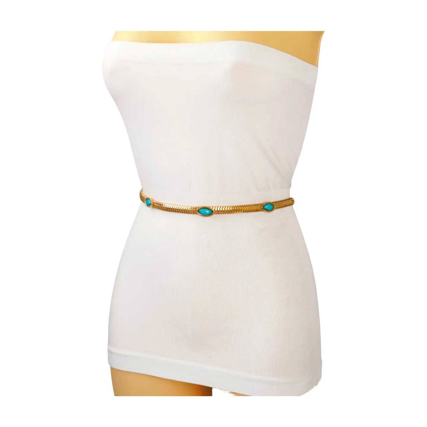 Gold Metal Chain Belt Turquoise Blue Beads S M L