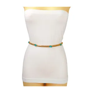 Gold Metal Chain Belt Turquoise Blue Beads S M L