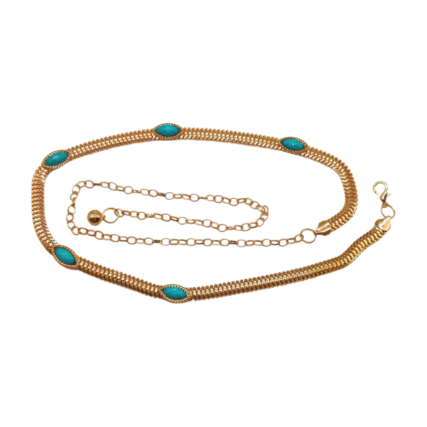 Gold Metal Chain Belt Turquoise Blue Beads S M L