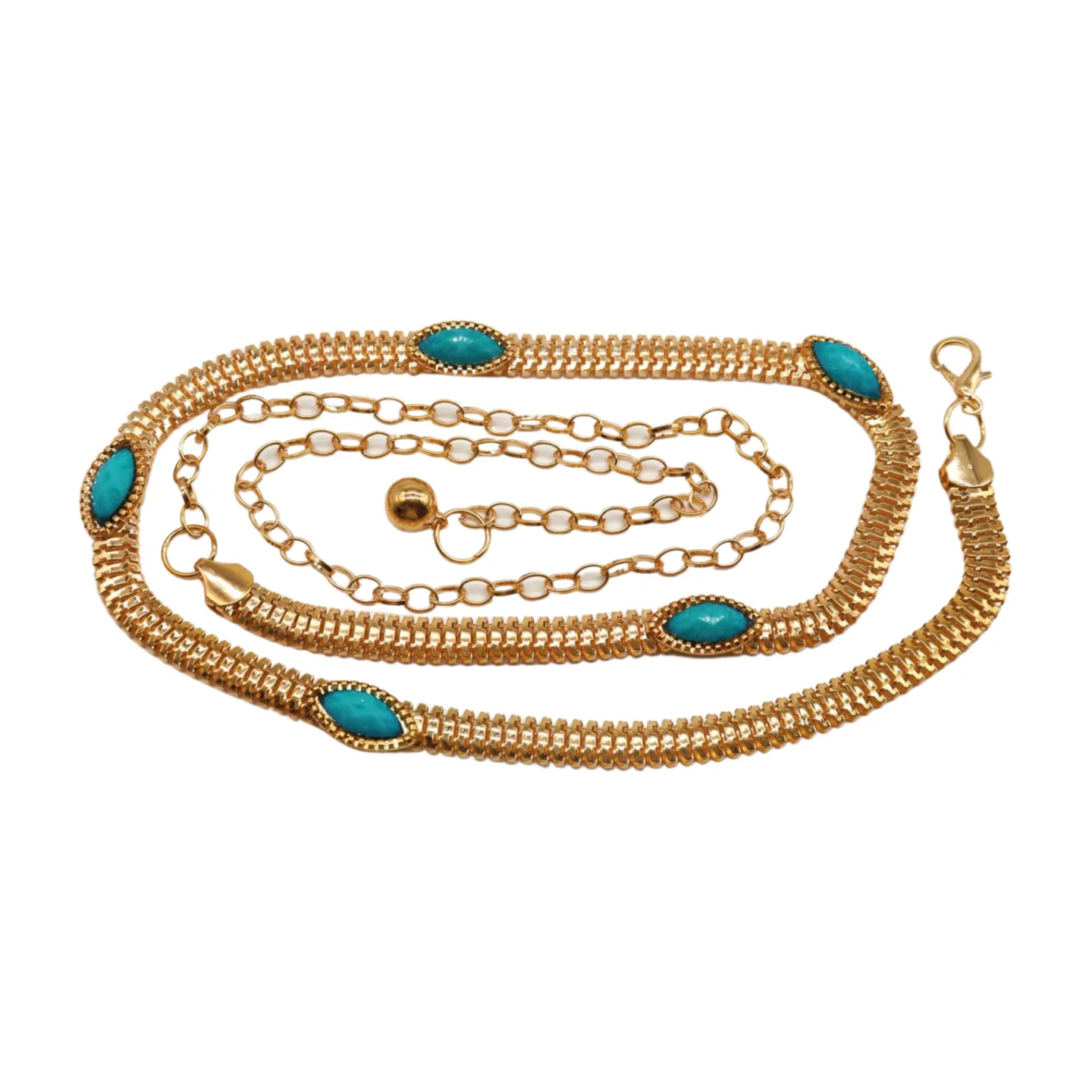 Gold Metal Chain Belt Turquoise Blue Beads S M L