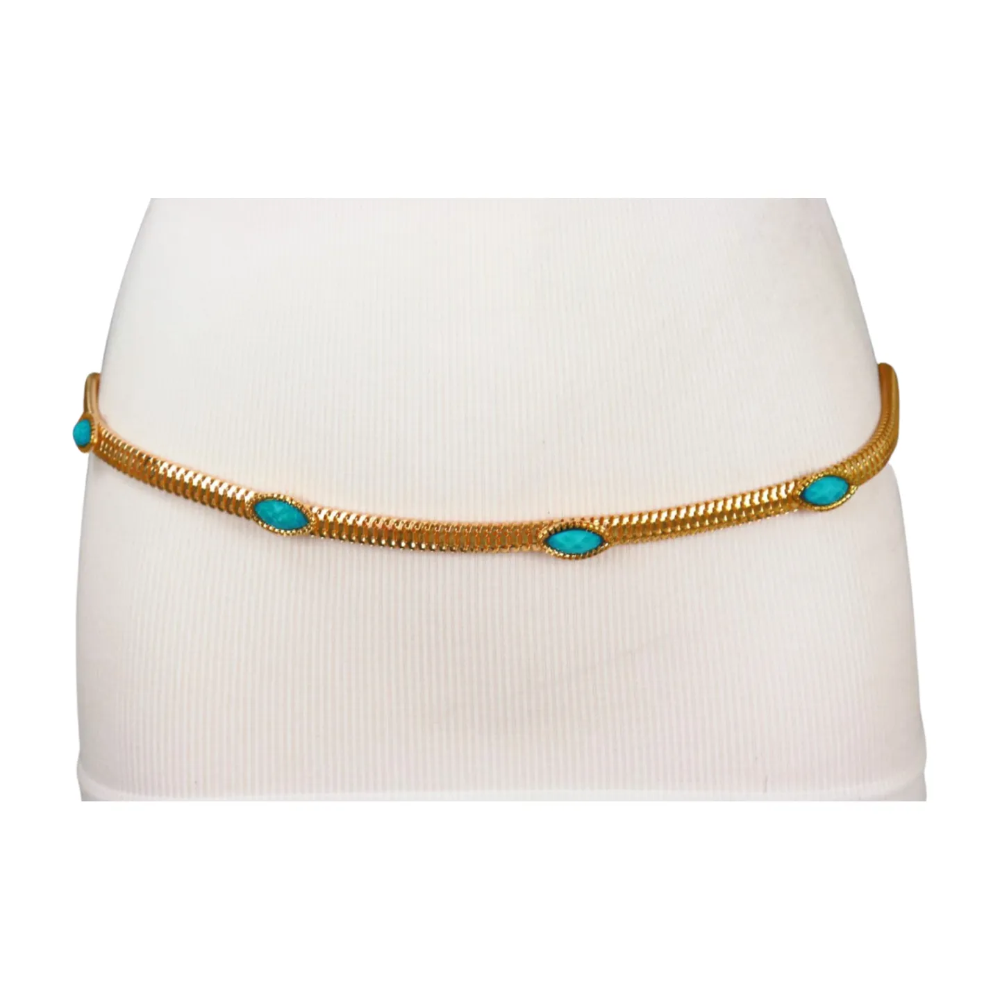 Gold Metal Chain Belt Turquoise Blue Beads S M L