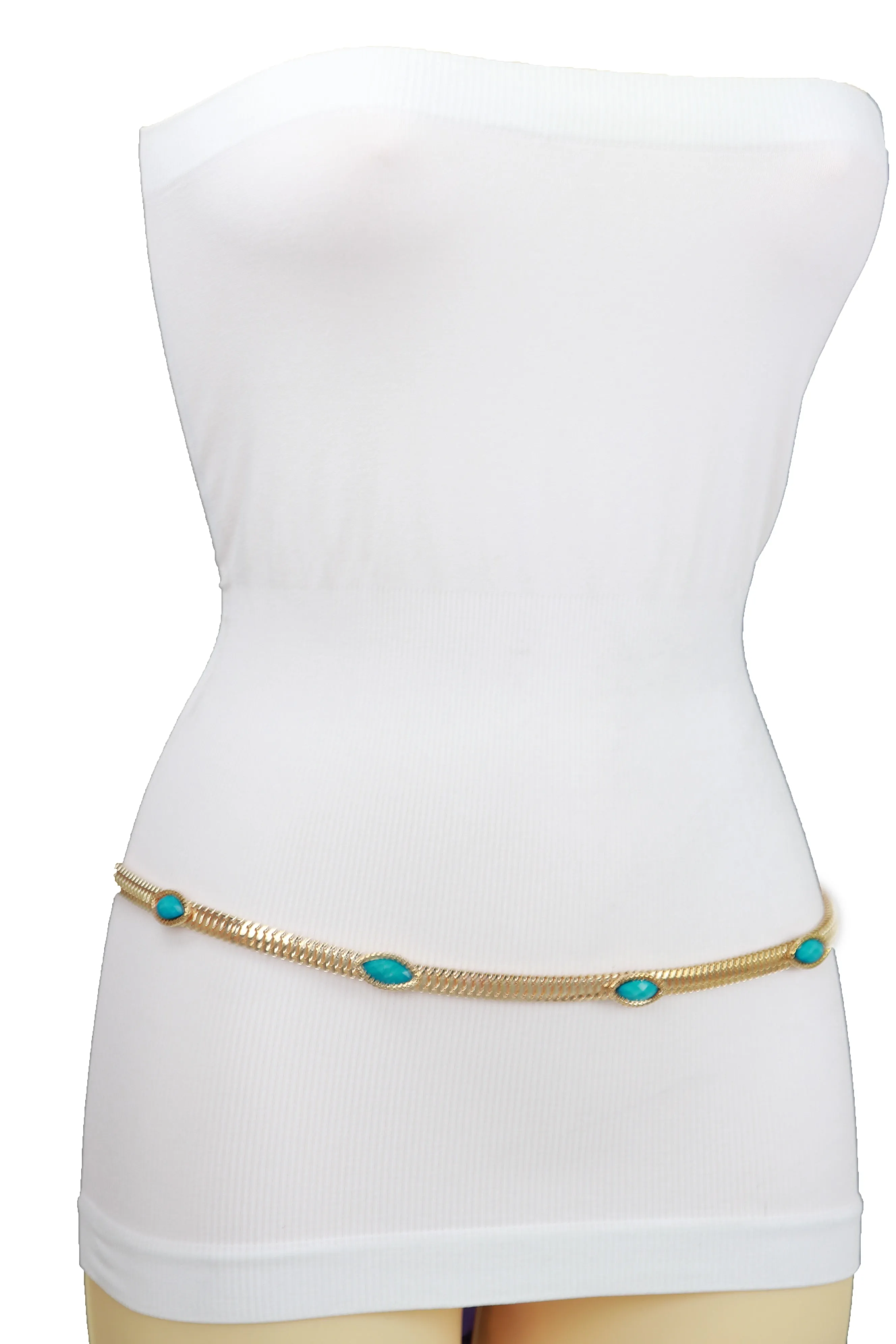 Gold Metal Chain Belt Turquoise Blue Beads S M L