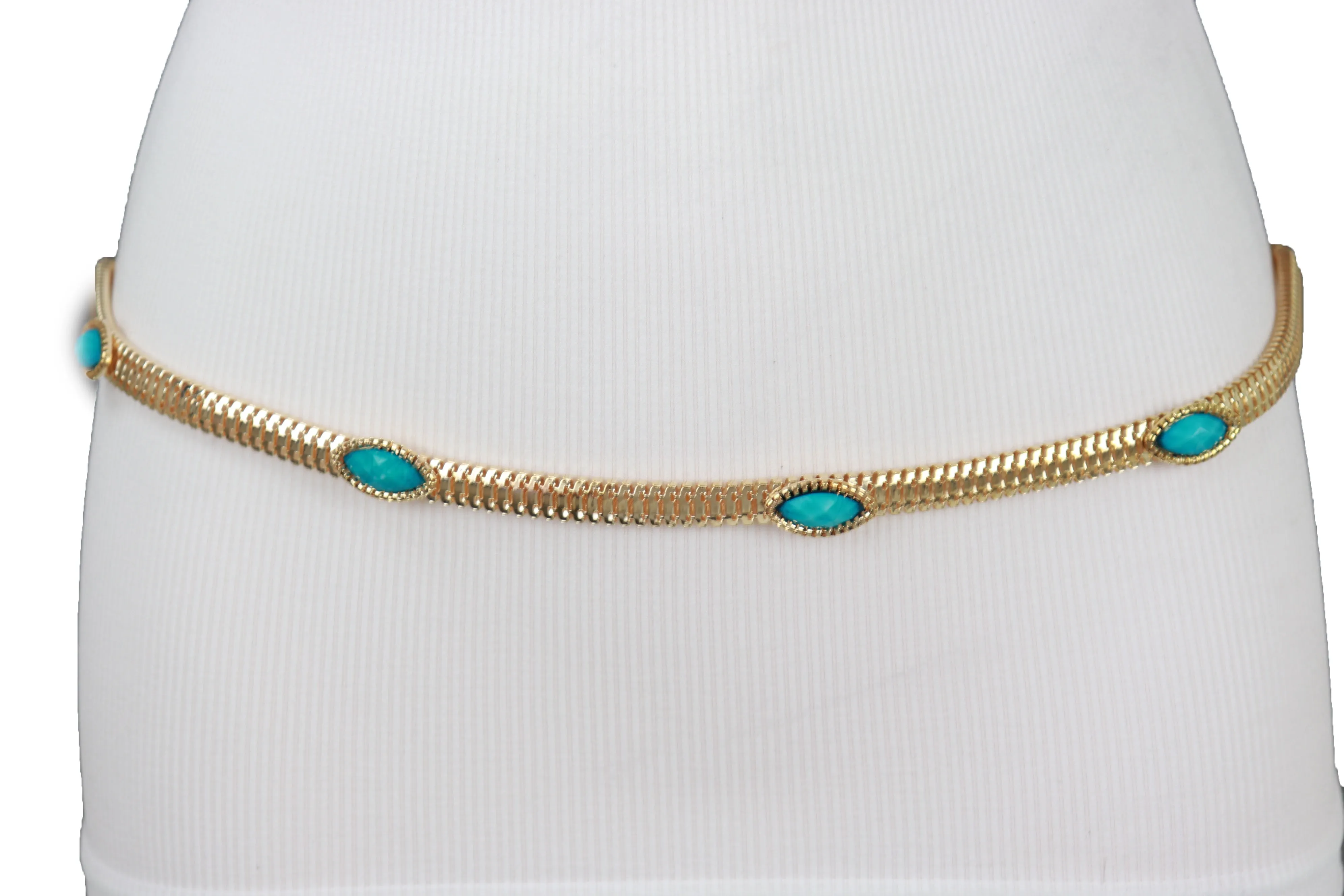 Gold Metal Chain Belt Turquoise Blue Beads S M L