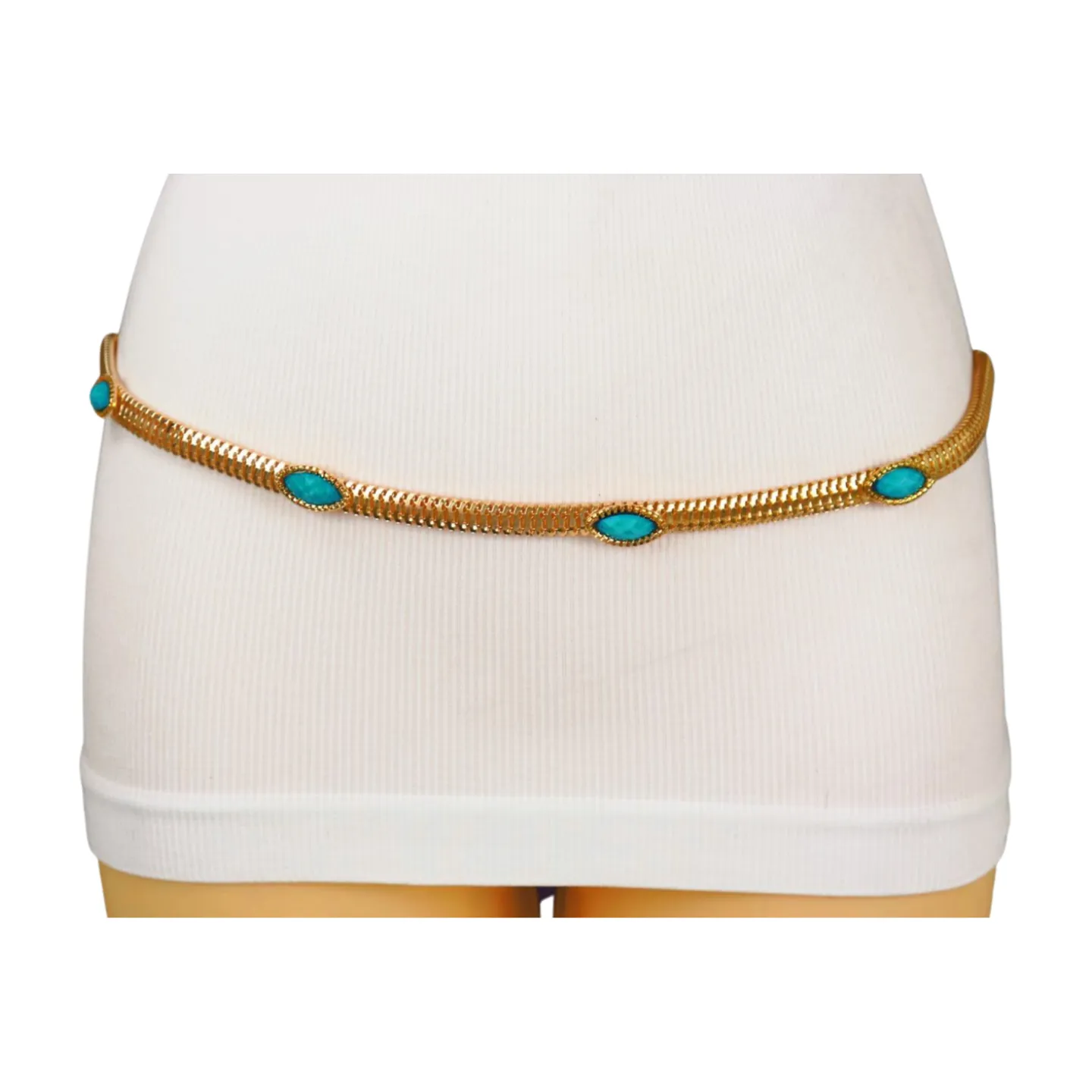 Gold Metal Chain Belt Turquoise Blue Beads S M L