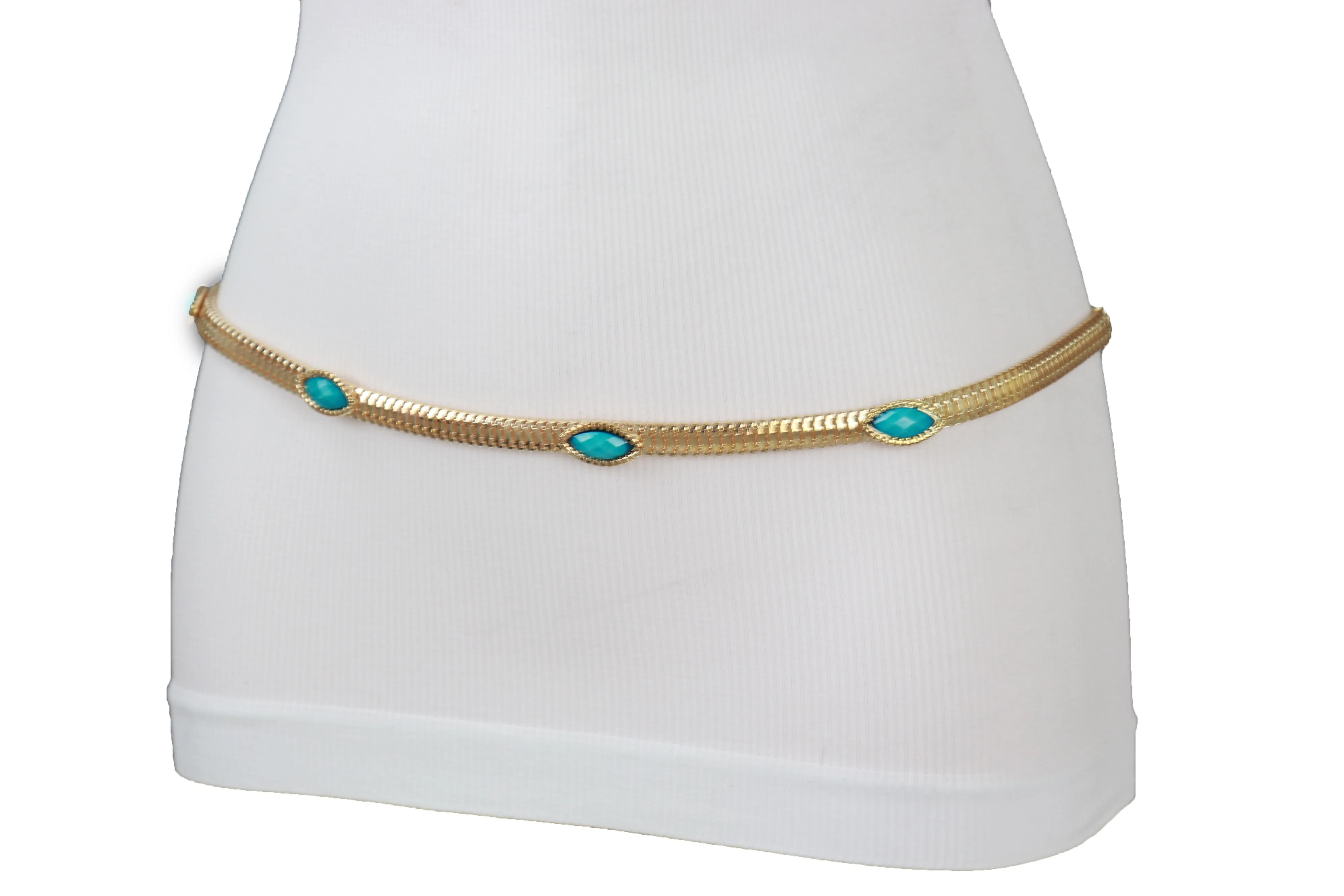 Gold Metal Chain Belt Turquoise Blue Beads S M L
