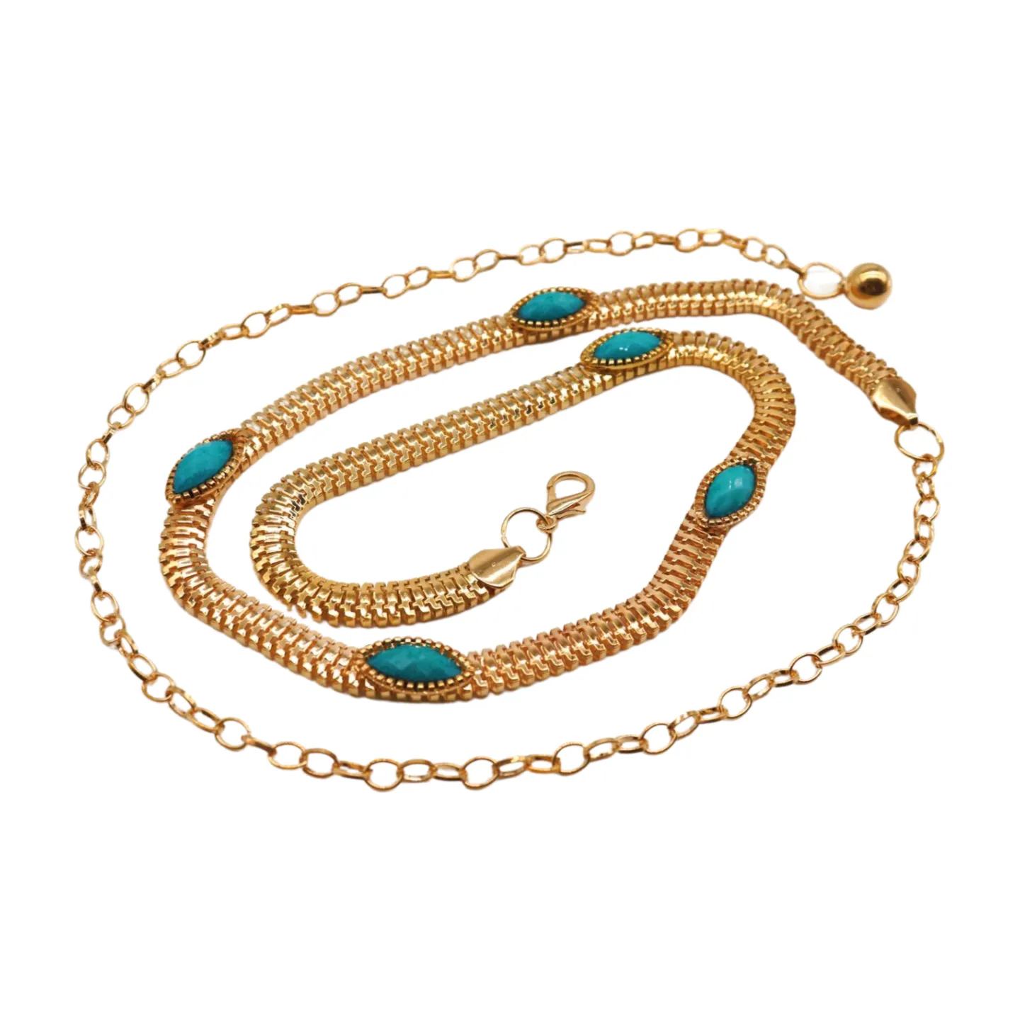 Gold Metal Chain Belt Turquoise Blue Beads S M L