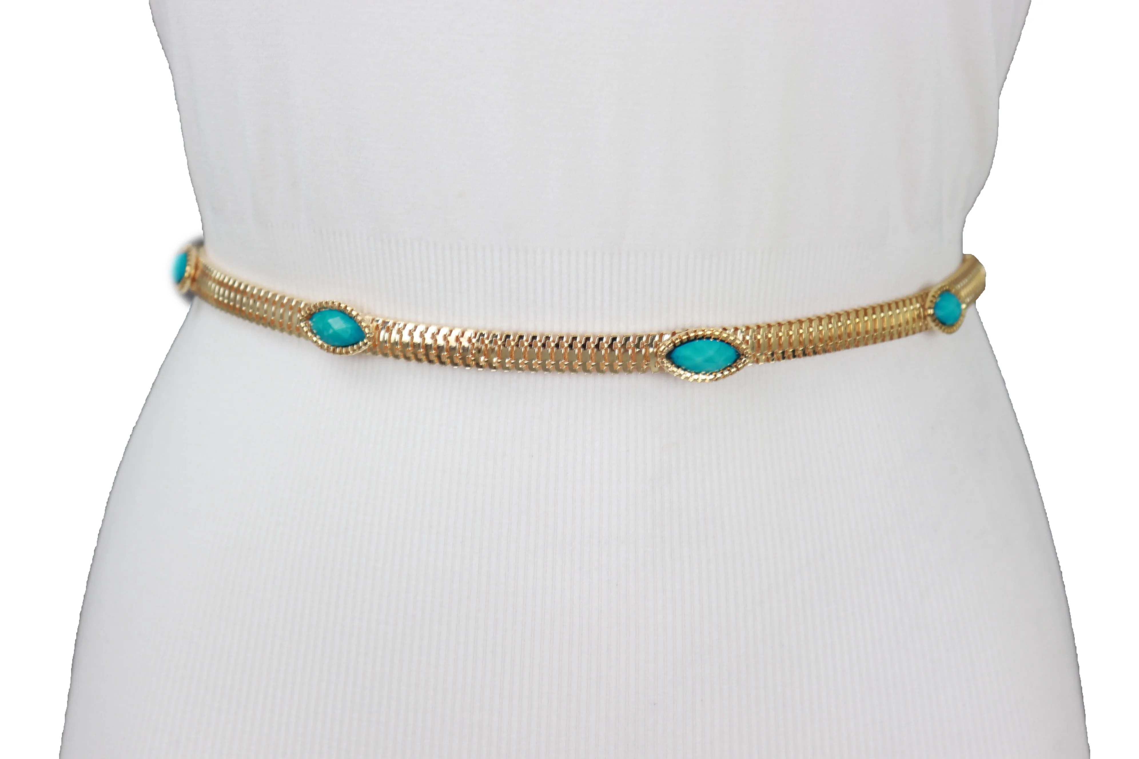 Gold Metal Chain Belt Turquoise Blue Beads S M L