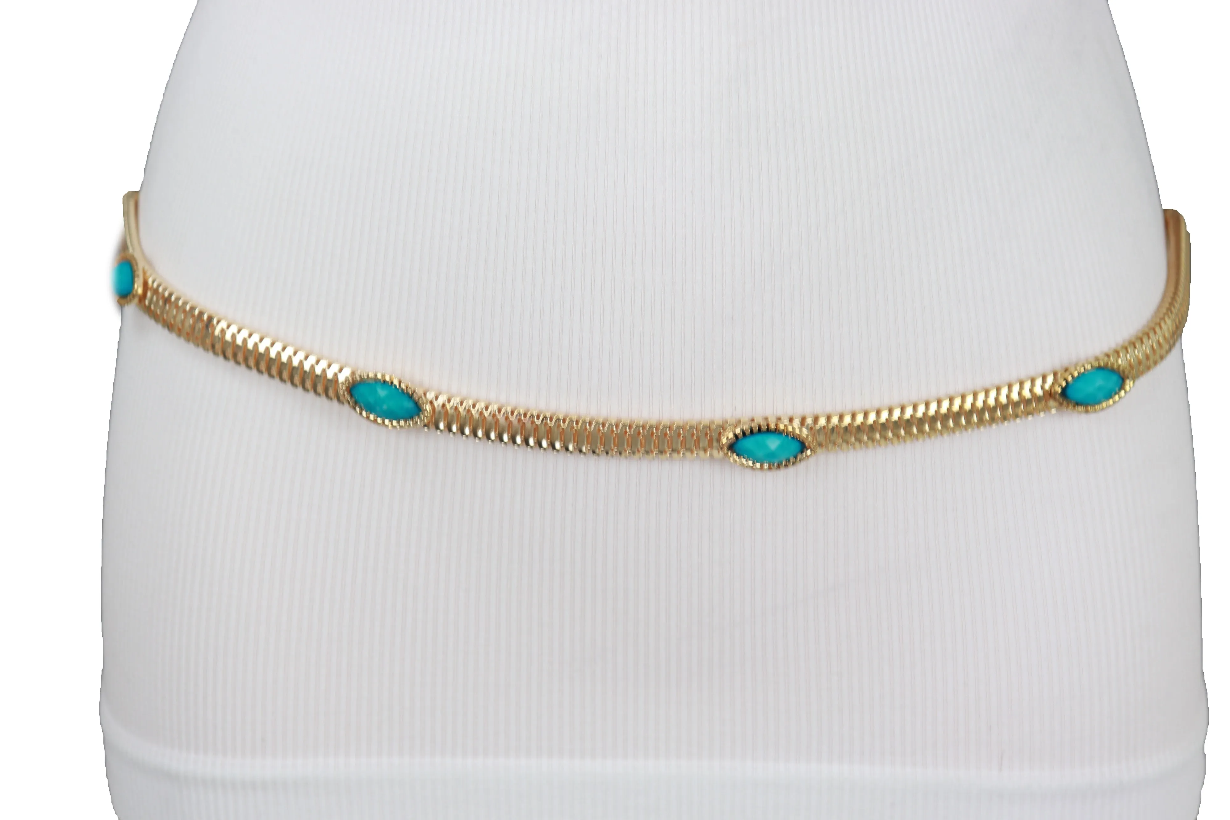 Gold Metal Chain Belt Turquoise Blue Beads S M L