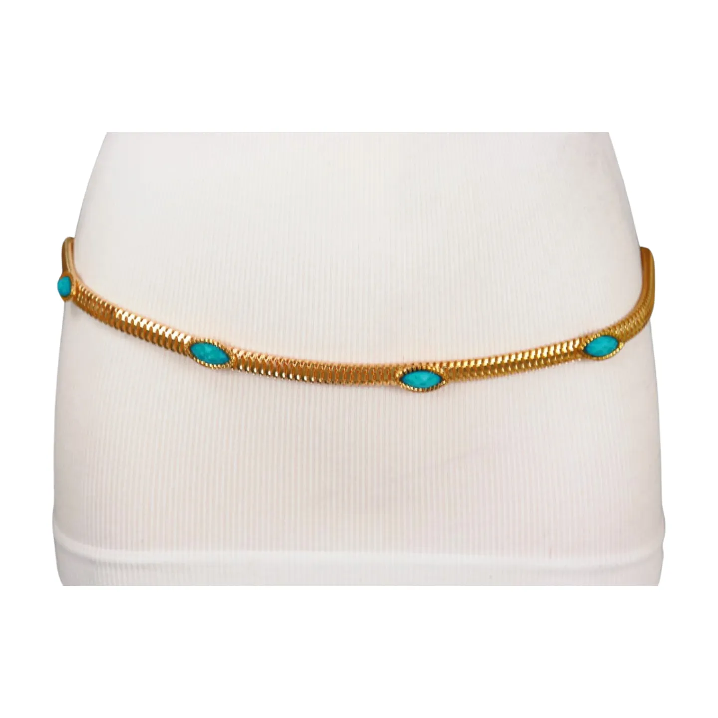 Gold Metal Chain Belt Turquoise Blue Beads S M L