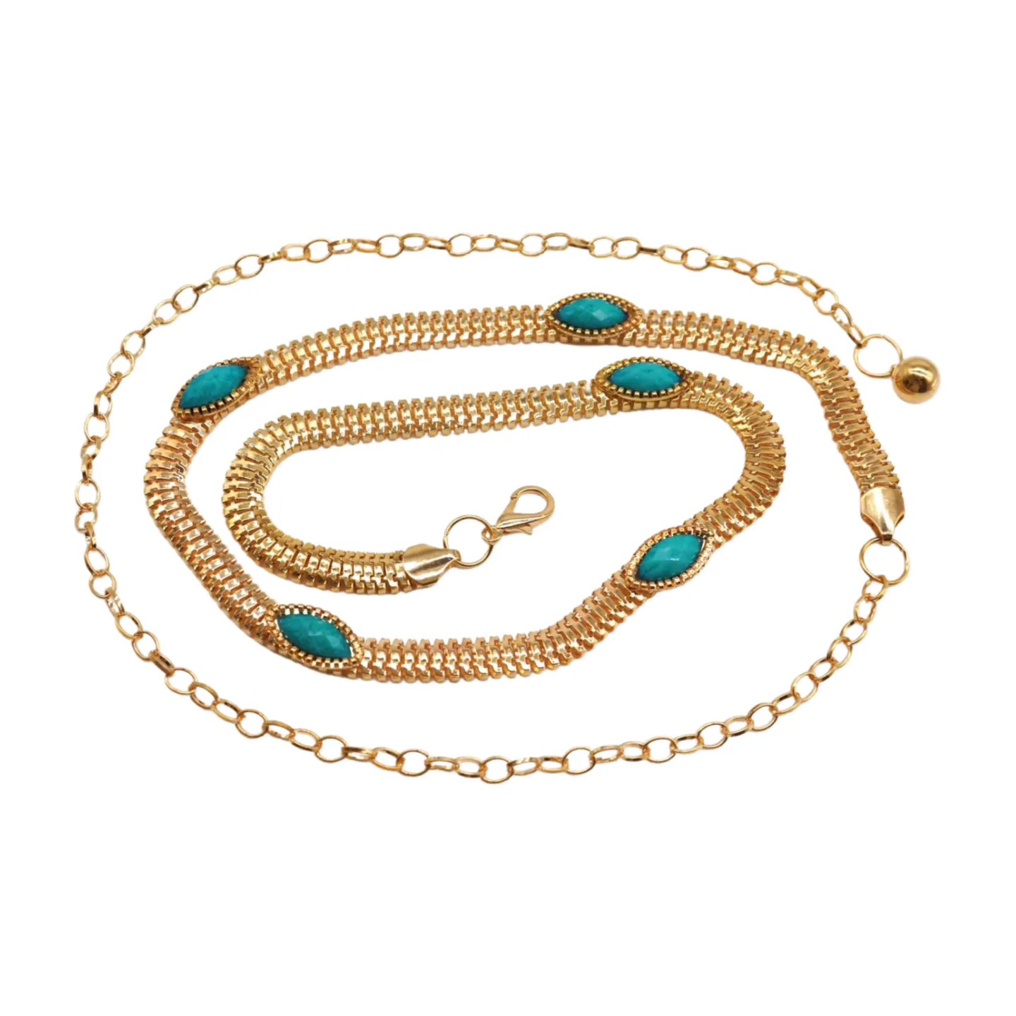 Gold Metal Chain Belt Turquoise Blue Beads S M L