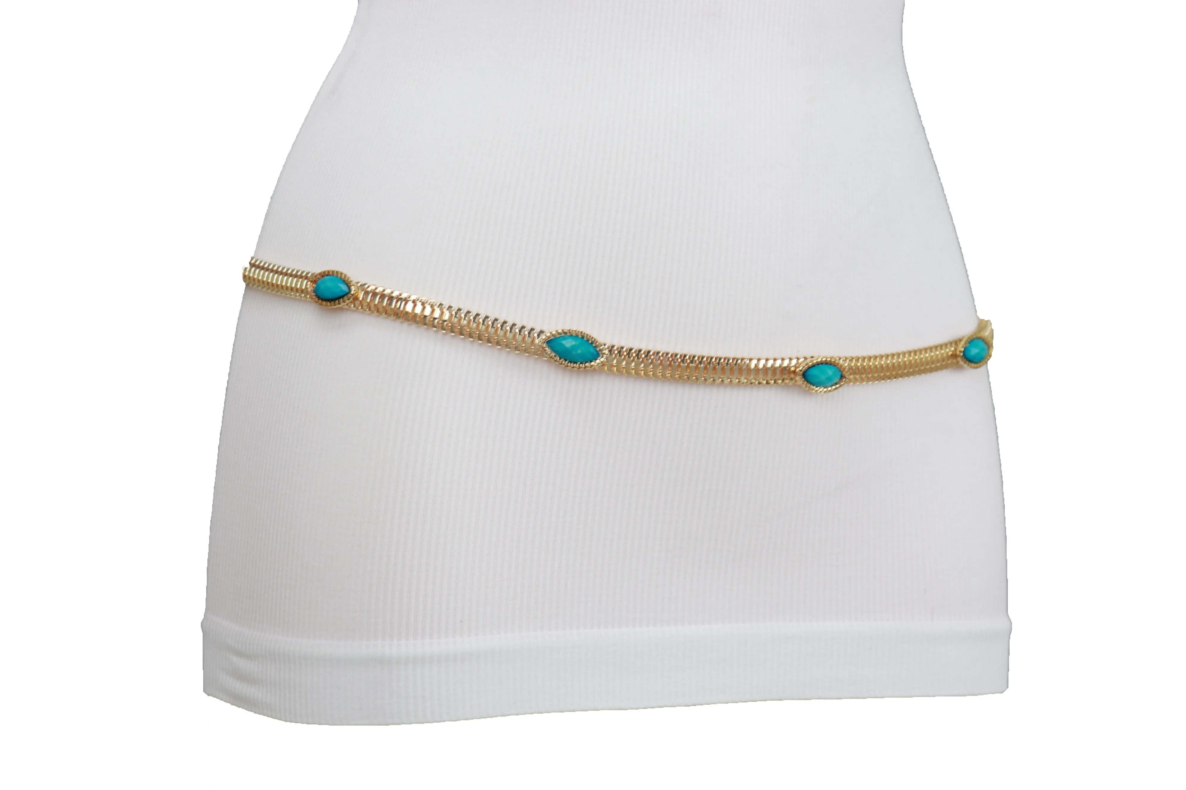 Gold Metal Chain Belt Turquoise Blue Beads S M L