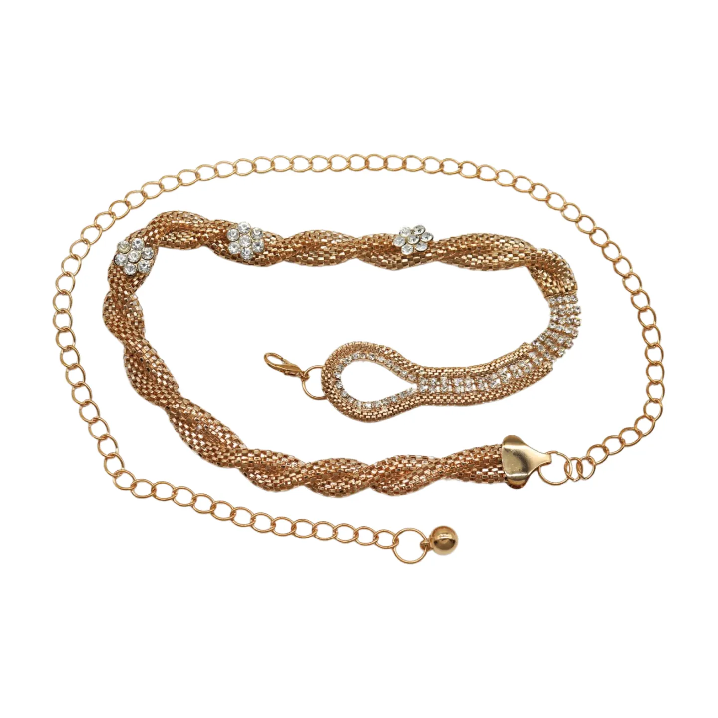 Gold Metal Chain Braided Belt Flower Charms Fit Size S M L