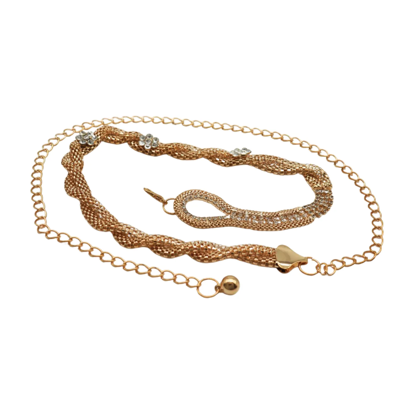 Gold Metal Chain Braided Belt Flower Charms Fit Size S M L