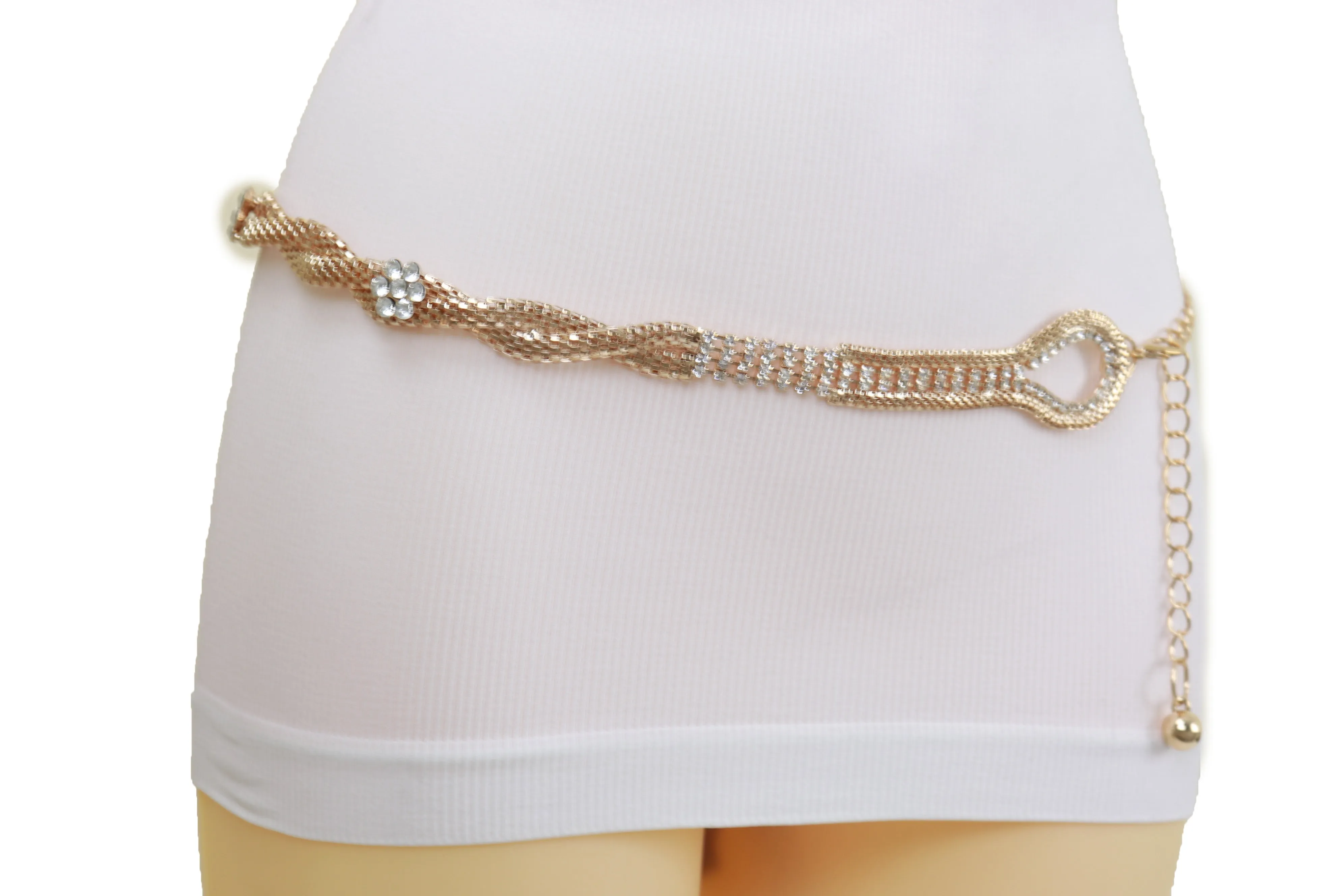 Gold Metal Chain Braided Belt Flower Charms Fit Size S M L