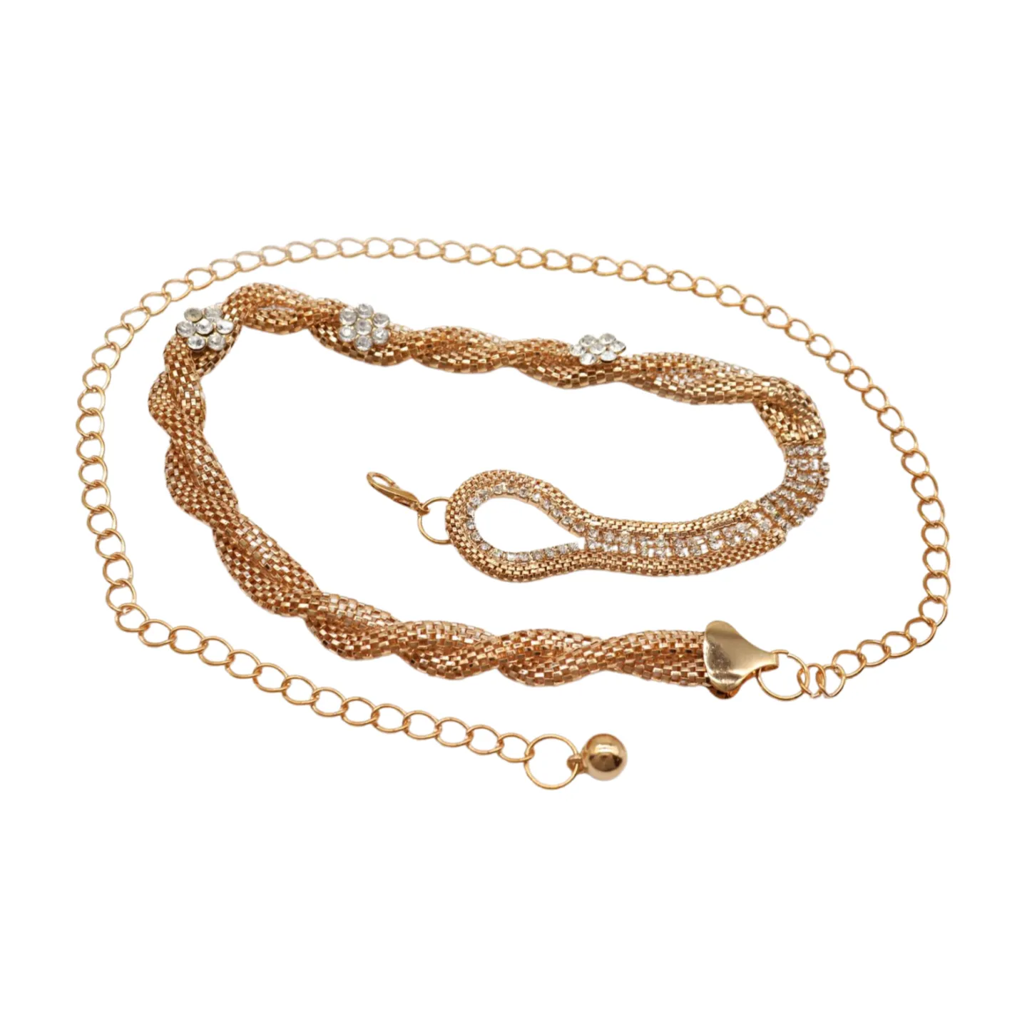 Gold Metal Chain Braided Belt Flower Charms Fit Size S M L