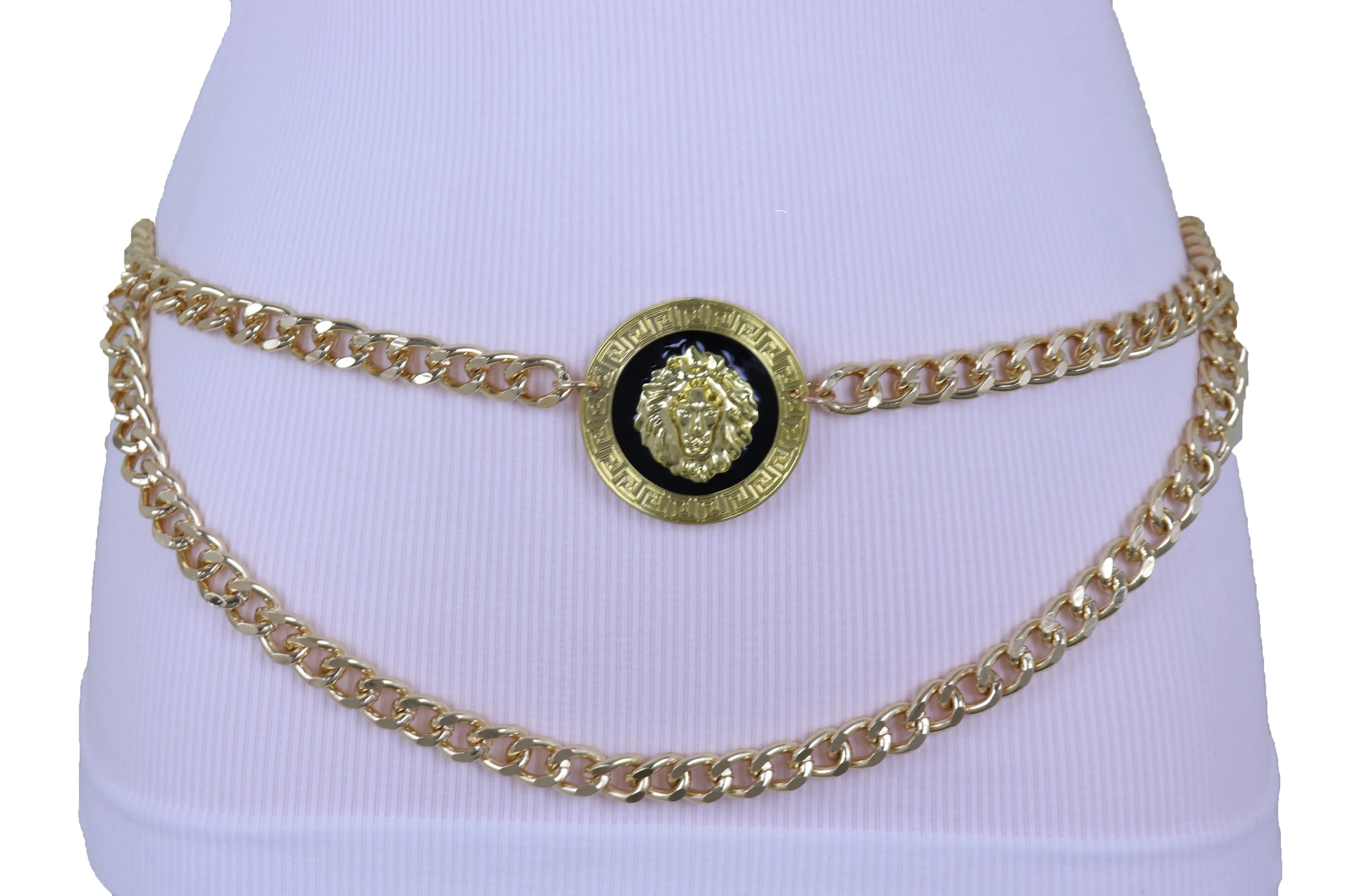 Gold Metal Wave Chain Belt with Lion Medallion Pendant