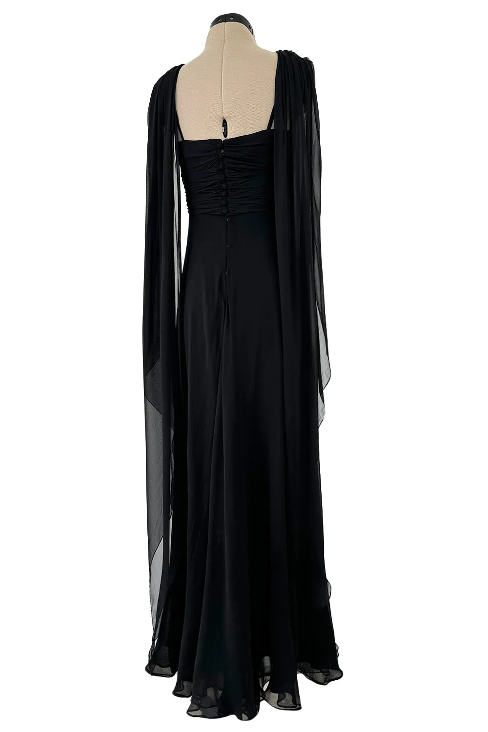 Gorgeous Spring 1989 Bill Blass Runway Black Silk Halter Chiffon w Trailing Shoulder Panels
