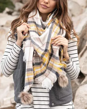 Grace and Lace Triangle Scarf in Mustard Navy Plaid