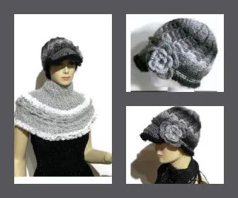 Gray, black, crochet hat, THE BLACK AND GRAY MOCKINGBIRD HAT, handmade beanie with visor brim, woman's size, ready to ship