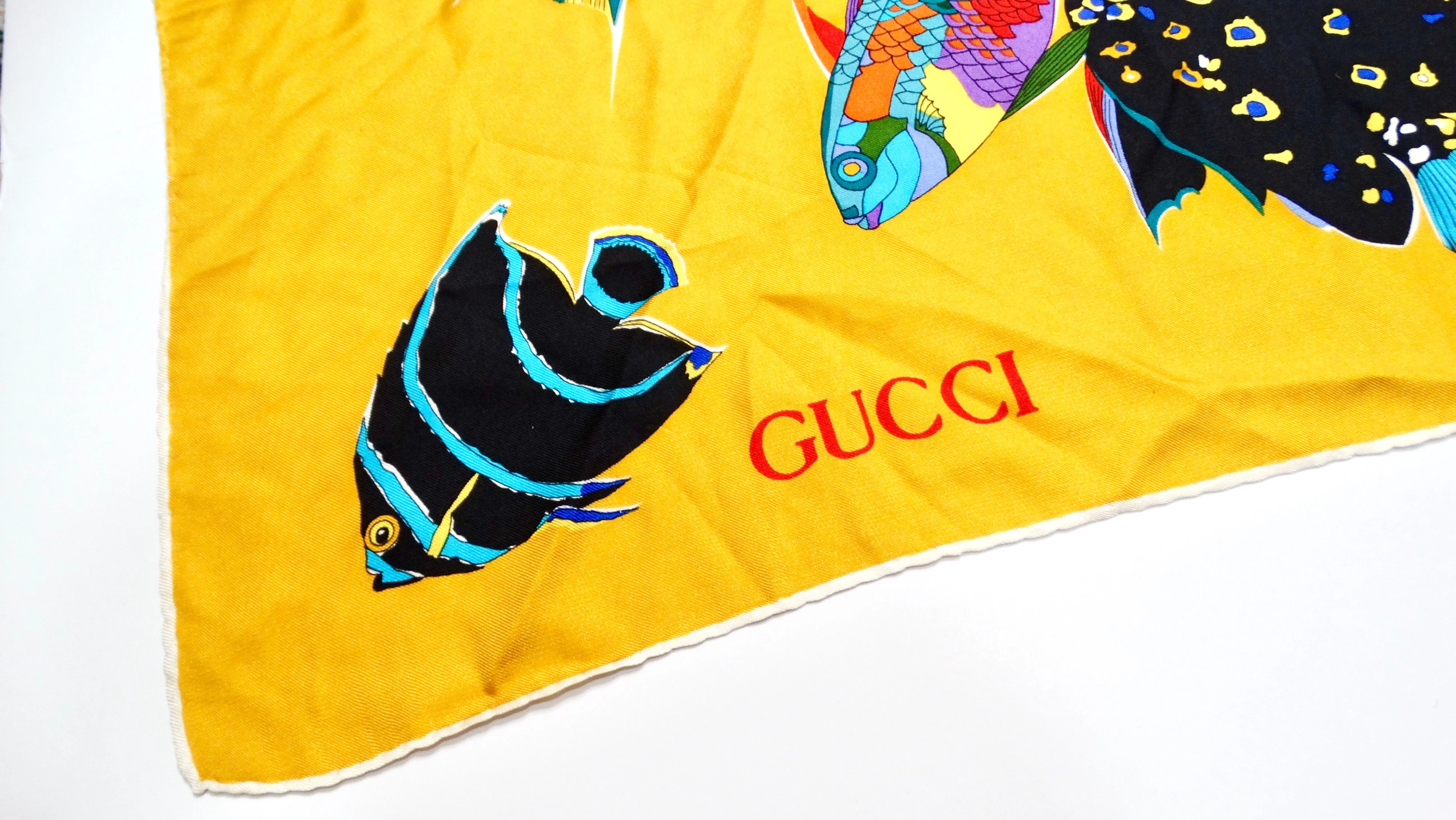 Gucci 1980s Silk Yellow Floral & Fish Motif Printed Scarf