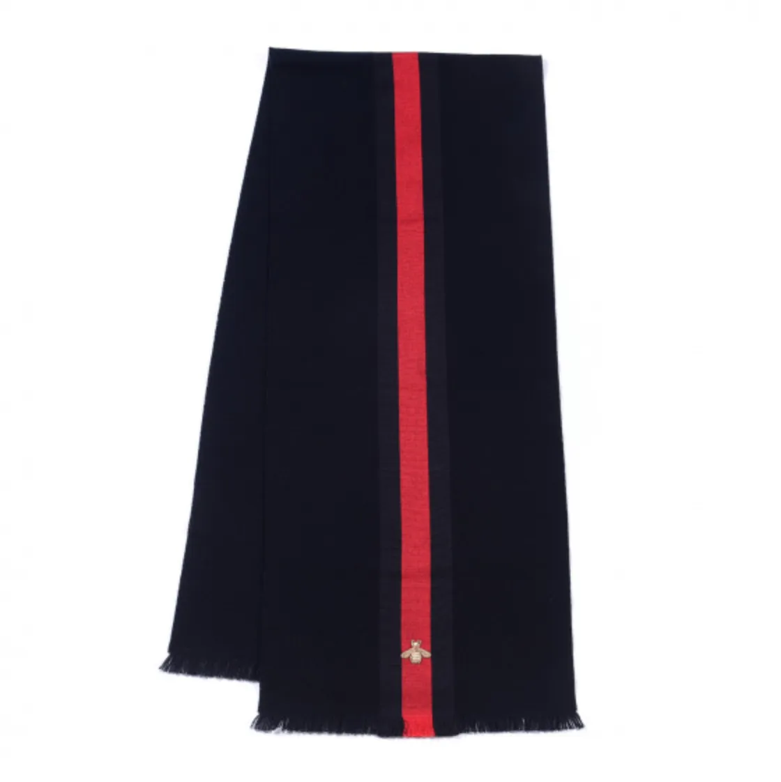 Gucci Navy Blue Wool Cashmere Silk Long Scarf with BRB Web and Bee