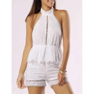 Halter Backless Cut Out Ruffle Romper - White M