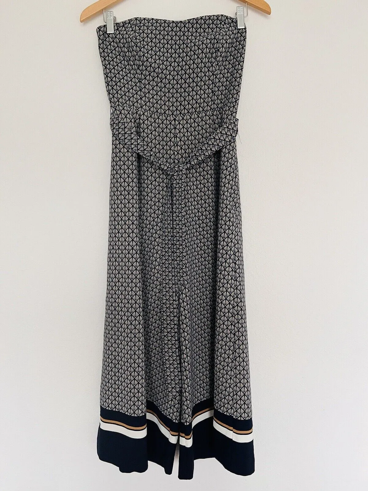 H&M Pattern Print Strapless Jumpsuit Sz 6 Blue Tie Waist Wide Leg