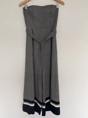 H&M Pattern Print Strapless Jumpsuit Sz 6 Blue Tie Waist Wide Leg