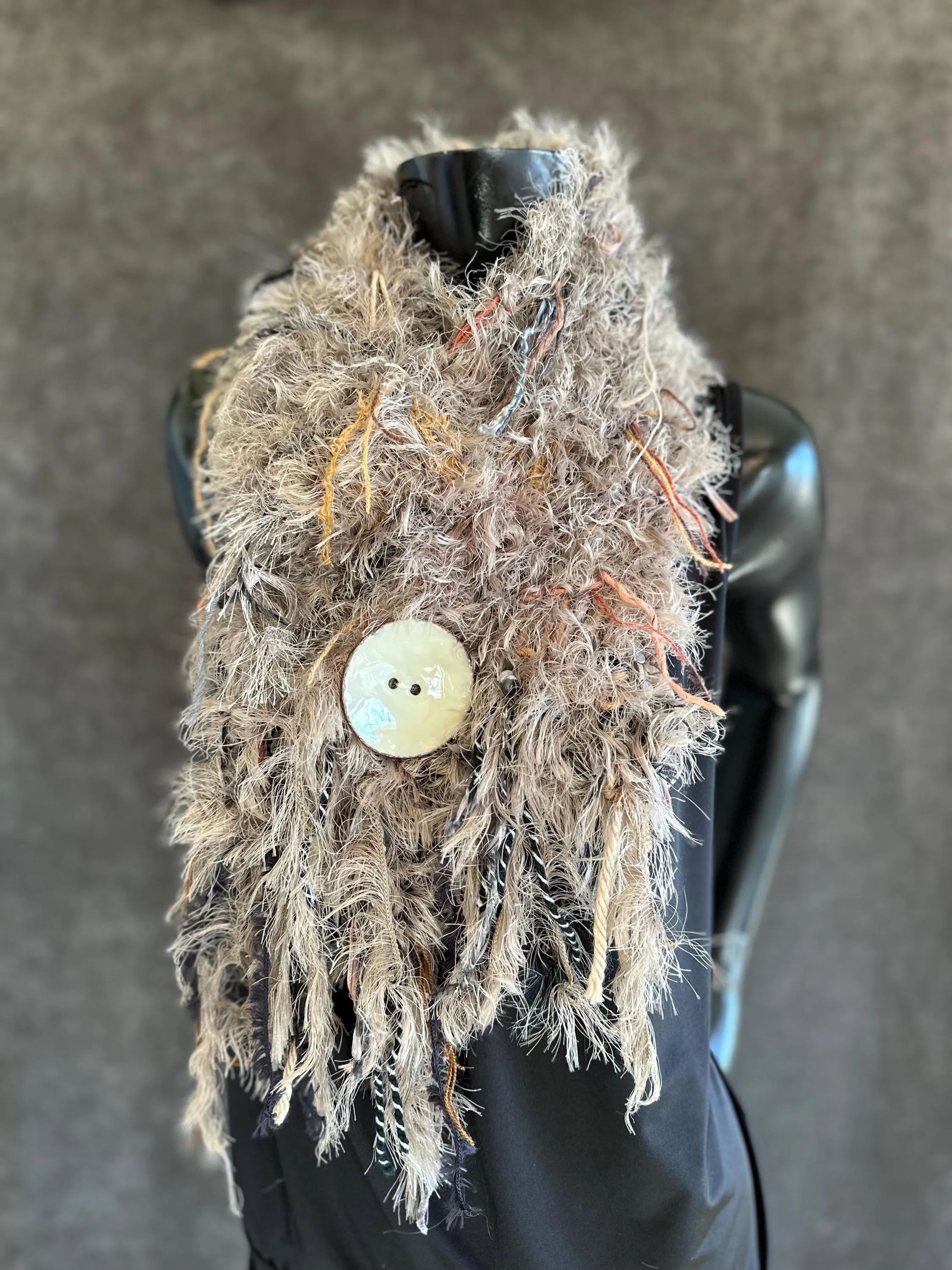 Hand Knit taupe fur scarf with oversized button, Taupe blush silky Fur Boho Art Scarf, Scarf with fringe, tan knit scarf