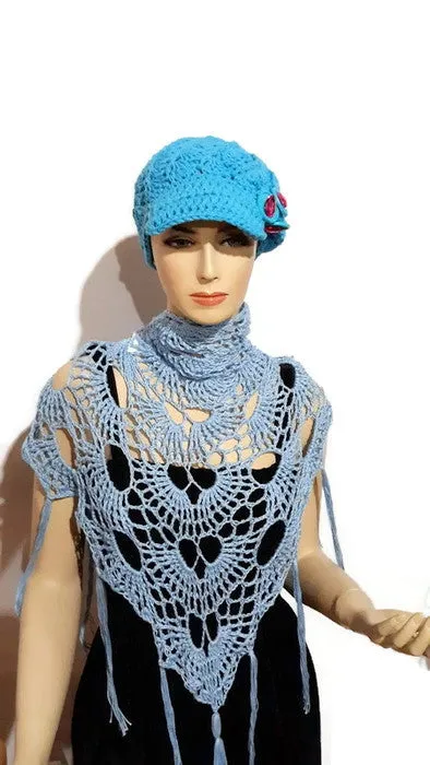 Handmade cotton wrap, light blue cotton yarn, triangular shawl, The Spring shawl,