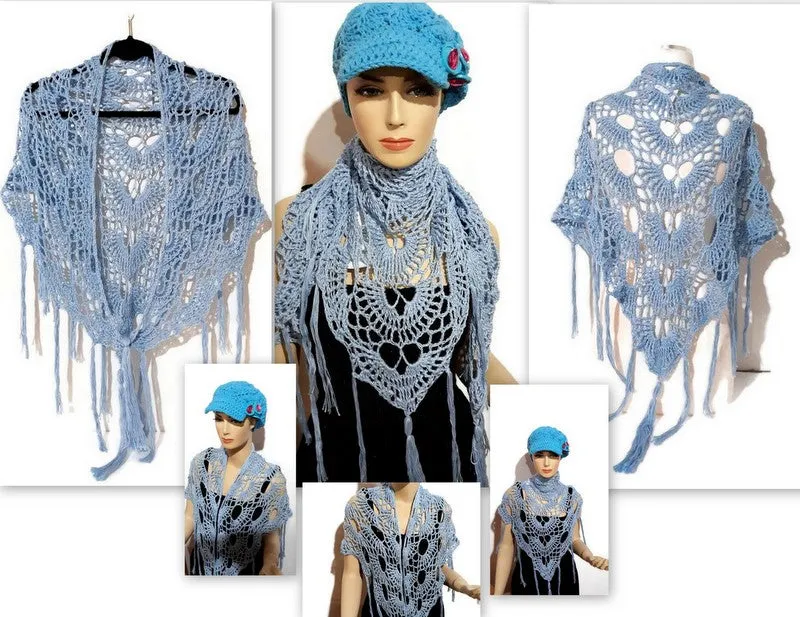 Handmade cotton wrap, light blue cotton yarn, triangular shawl, The Spring shawl,
