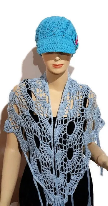 Handmade cotton wrap, light blue cotton yarn, triangular shawl, The Spring shawl,