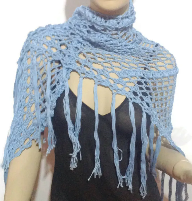Handmade crochet shawl, light blue Peruvian pima cotton, woman size shawl, summer shawl, Blue chic style, The light blue cotton shawl