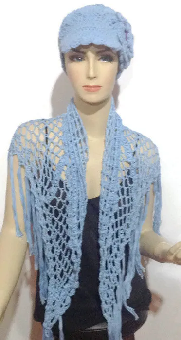 Handmade crochet shawl, light blue Peruvian pima cotton, woman size shawl, summer shawl, Blue chic style, The light blue cotton shawl