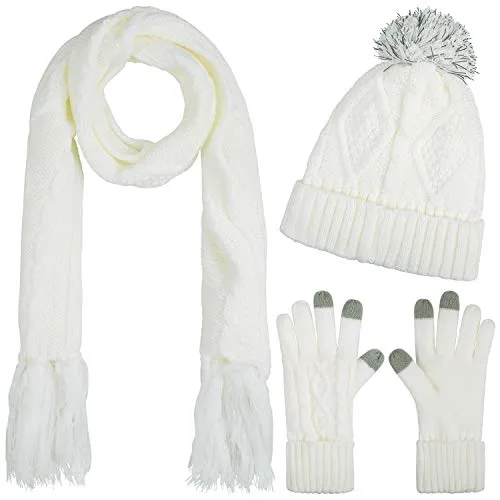 Hat Glove Scarf Set Women, 3 in 1 Beanie Hat and Scarf Winter Set Knit Warm Winter Gift Set for Women Girls (Cream)